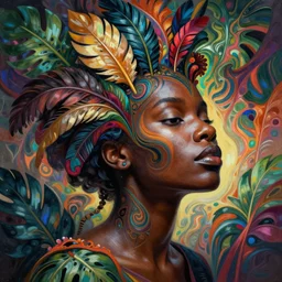 A black woman having a reality bending psychedelic experience, colorful, distorted, surreal, tropical leaves and feathers, dramatic lighting on the face, intricate, elegant, highly detailed, digital painting, concept art, smooth, sharp focus, illustration, art by Krenz Cushart and Wayne Barlowe and alphonse mucha