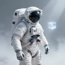 a beautiful artwork illustration, concept art sketch of an astronaut in white futuristic cybernetic armor looking at a shining cube in the distance, volumetric fog, godrays, high contrast, vibrant colors, vivid colors, high saturation, by Greg Rutkowski and Jesper Ejsing and Raymond Swanland and alena aenami, featured on artstation, wide angle, vertical orientation