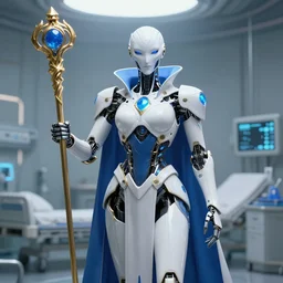 cyborg necromancer, scifi, futuristic, helpful, kind, benevolent, intelligent, white, blue, gold, holding a staff, hospital room, highly detailed, trending on artstation, soft light, machine, advanced technology, art by vitaly bulgarov and nivanh chanthara