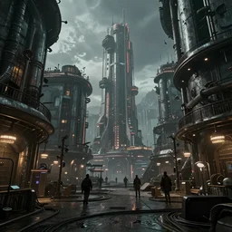 Post apocalyptic sci-fi city. Steampunk. Cyberpunk. Award winning photography. Cinematic lighting. 4K. Extremely detailed.