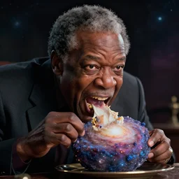 a cinematic still of neil degrasse tyson ferociously eating a galaxy, (octane render, nvidia raytracing demo), masterpiece, (monster)