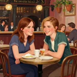 smiling katie holmes and emma watson in a 1 9 0 0 s london pub, by nicoletta ceccoli, mark ryden, lostfish, max fleischer, hyper realistic, artstation, illustration, digital paint, matte paint, vivid colors, bright, cheerful, detailed and intricate environment