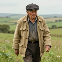 portrait of an old irishman in a burlap jacket wearing a flat cap walking through rural countryside highly detailed, digital painting, concept art, sharp focus, by makoto shinkai
