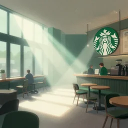 editorial illustration by karolis strautniekas and mads berg, illustrated starbucks interior, low fog, fine texture, detailed, green white brown muted colors, dramatic lighting, dynamic composition, vivid, matte print, wide angle, ( ( sunbeams ) ), moody