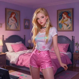 eleanor tomlinson, vaporwave, bedroom, highly detailed, digital painting, artstation, concept art, smooth, sharp focus, illustration, art by artgerm and greg rutkowski and alphonse mucha