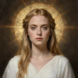 goddess, Evan Rachel Wood, pale, holy, gorgeous, white dress, symmetrical face, high fantasy, concept art, warm lighting, painting