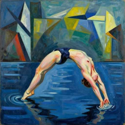 woman arches her back and dives into the deep deep water, abstract art in the style of cubism and james pollock and cubism,