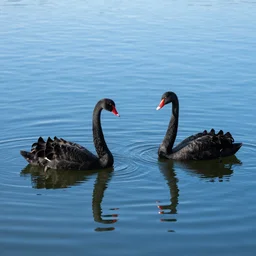 blackswans in a lake, lake is super blue, sky is visible, lake surrounded by forest, by collaboration of M. C. Escher and Salvador Dali and Van Gogh
