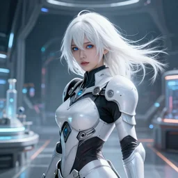 perfect white haired girl, warframe armor, beautiful, dreamy, half asian, pretty face, blue eyes, detailed, windy weather, futuristic background, glow, scifi platform, laboratory, experiment, 4 k, ultra realistic, epic lighting, cinematic, high detail, masterpiece, akihito tsukushi