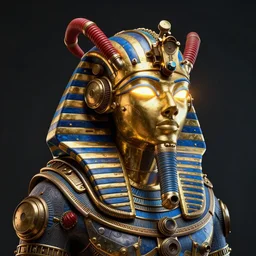 awardwinning portrait photo of a steampunk tut anch amun, wearing a glowing golden and blue metallic steampunk helmet with red tubes and shiny metallic devices, 3 d render, crisp, 8 k, fluorescent colors, insanely integrate, nikon photography