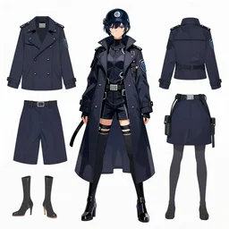 a female anime cyberpunk dream police detective wearing a heavy trench coat, character concept exploration, concept art, inspired by ergo proxy, clear outfit design, techwear, trending on artstation, clear shapes, clean edges