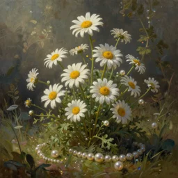 beautiful digital matter cinematic painting of whimsical botanical illustration daisies and pearls by alex grey artstation