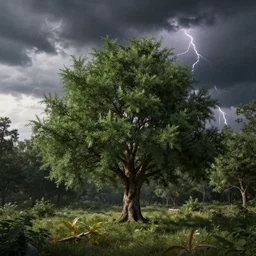 an award winning photograph of a juniper tree in the woods during a thunderstorm, unreal engine, octane render, lumion, architectural, concept art, hyper detailed, perfection, dramatic lighting