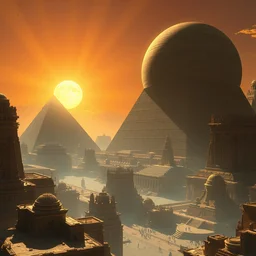 futuristic egyptian solarpunk city with temples with one giant pyramid and giant sphere with a bright sun with crepuscular rays highly detailed digital visionary art