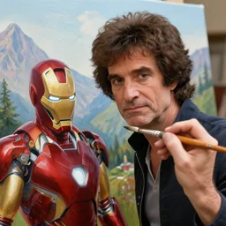 a closeup photorealistic photograph of bob ross holding a paintbrush and diligently finishing a canvas painting of iron man. mountains and trees. film still. brightly lit scene. this 4 k hd image is trending on artstation, featured on behance, well - rendered, extra crisp, features intricate detail, epic composition and the style of unreal engine.