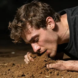 man eating dirt