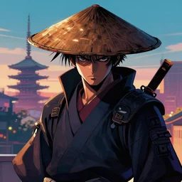 portrait of badass japanese ninja samurai with cone hat. looking honorable. tokyo can be seen in the distance. art in the style of vincent di fate's cyberpunk 2 0 2 0.