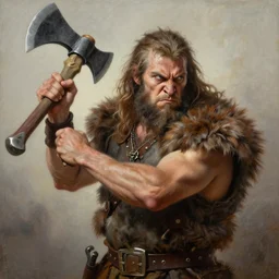 angry human barbarian raising an axe. Detailed, realistic painting in the style of Horley, Alex