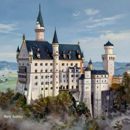 highly detailed fantasy art, scene of HD innate artstation style, artstation form,  castle neuschwanstein floating in the sky, surrounded by clouds, surreal dreamscape, painting by paul lehr and mark Keathley