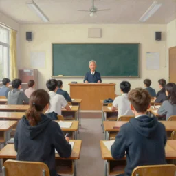 view of a highschool classroom from the teachers desk perspective, detailed realistic oil painting art by michael whelan, caricature style