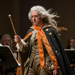 an orchestra conductor with white hair and a scarf, windy, cape, orange ribbons, stars, melancholic, modern maximalist fashion dress, is ( ( holding a staff ) ). light dust, magnificent, hyperdetailed, theatrical, painted by jean honore fragonard and greg rutkowski