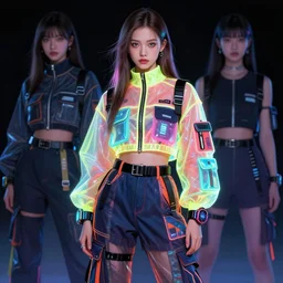 a 6 0's illustration cgi rtx hdr portrait of a beautiful russian girl detailed features wearing a futuristic school uniform brights, utility chic, sheer fabrics, zippers, belts & velcro galore, big techno watches, cargo pants, designed by balenciaga bypainting bioluminance alena aenami artworks in 4 k by jesper ejsing, feng zhu and loish