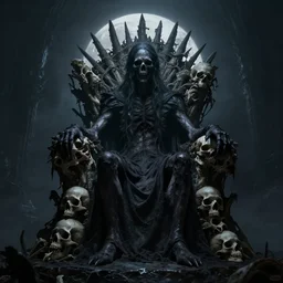 creepy dark tall creature sitting on a throne made of skulls, moonlight