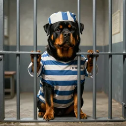 anthropomorphic rottweiler wearing stripes as a prisoner in jail cell, thomas kinkade