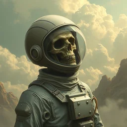 an undead astronaut with his helmet off by kren cushart on an alien lime and wheat world clouds landscape