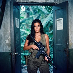 film still of kim kardashian, jungle, vietnam door gunner, apocalypse now, associated press,, 2 6 mm, kodak ektachrome, blue tint expired film.