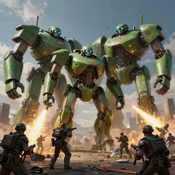 supreme commander, squad of giant green robots shoots missile on battlefield, render, ray tracing, jakub rozalski art style, dramatic, detailed, artstation,
