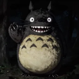 action photograph of a terrifying totoro with glowing eyes about to attack the camera from the shadows, gothic, horror film, claws, sharp teeth, aggressive violent realistic flash photography