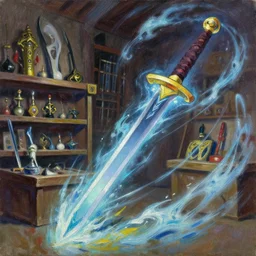 classical oil painting of anime environment concept art featuring a sword enchanted with wind and energy, weapon shop interior, legendary item, shelf, fantasy, trending on artstation, stylistic, brush strokes, oil, canvas, by kawacy and makoto shinkai