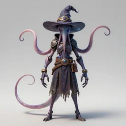 character sheet for a cybernetic squid character in an fps video game, squid limbs, witch hat, fantasy, 3 d, full body, clothed, detailed, concept art by blizzard entertainment and oddworld inhabitants