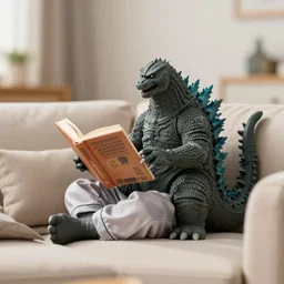 godzilla reading a book in a cozy living room, wearing pajamas, relaxing on a couch, 3 5 mm, f / 2. 8, warm white balance
