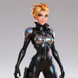 full body digital artwork of tracer overwatch, wearing black iridescent rainbow latex, 4 k, expressive happy smug expression, makeup, in style of mark arian, wearing detailed black leather collar, wearing sleek armor, black leather harness, expressive detailed face and eyes,