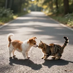 The little dog bumped into the little cat on the road