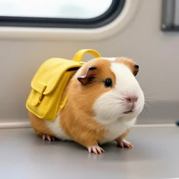 a guinea pig wearing a yellow rucksack on the train