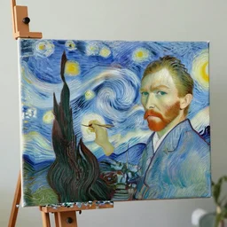 artist painting on a canvas in front of a wall by van gogh