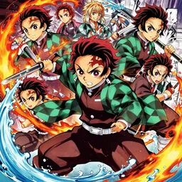 nobuhiro watsuki and otomo katsuhiro and callarin and kunatata and sainker, japanese manga, demon slayer, angry teenage samurai, armed, fighting manga scene, fire + water elements, comic posters, exaggerated composition, detailed work, 8 k, hd, unreal engine