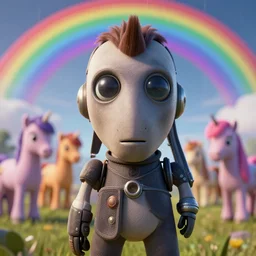 glados portal 2 photorealistic portrait with background of ponies and rainbows, high details