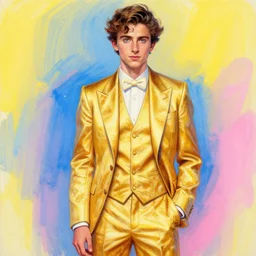 +very detailed+masterpiece+painting+Timothee Chalamet+golden suit+featured in artstation+digitally drawn by WLOP+yellow+blue+pink-H 900