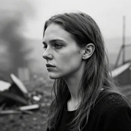 award winning photo of some nostalgia as stephen gills would depict it, she is 2 3, skinny and beautiful and listens to oathbreaker, she is deaf but lives out of time, black and white, the background is a disaster waiting to happen, insanely detailed, closeup, foggy like in norwegian black metal aesthetic