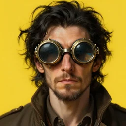 an inventor, steampunk goggles, thin beard, messy black hair, d & d, solid yellow background, fantasy, intricate, cinematic lighting, highly detailed, digital painting, artstation, concept art, smooth, sharp focus, illustration, art by artgerm and greg rutkowski and alphonse mucha