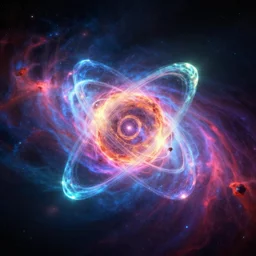 quantum gravitational atom viewed going at light speed with colorful nebulas, octane render