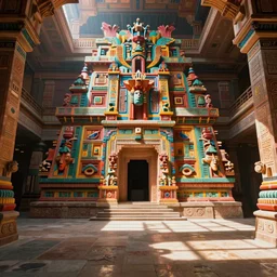 4 k dslr photo of a colossal boldly colored great temple of inspired by aztec egyptian and islamic architecture. sunbeams and shadows volumetric lighting. the room is vast and filled with very ornate structures. shadows and limestone on the floor, ancient colors