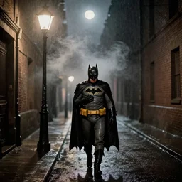 1900's photo of batman with frowning in deep alley street holding his emotion while walking slowly towards a street lamp, rain and smokes while the moon shines on his back, blurry, candid