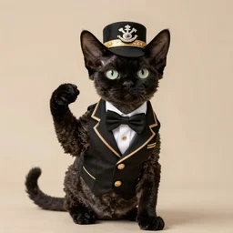 high quality photograph of a black furred devon rex purebred cat dressed up like a pimp, flexing designer clothes, fashionable and dangerous