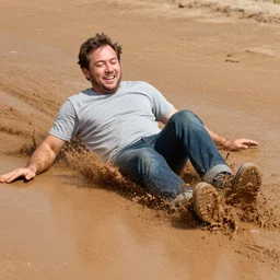 a man sliding through brown pudding, professional photo, funny