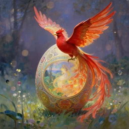 the solarpunk phoenix, red bird, ornate egg, regeneration, landscape, epic composition, volumetric light, bokeh, inspired by monet and by alphonse mucha